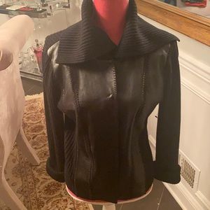 Elie Tahari genuine leather and 100% wool snapped sweater.